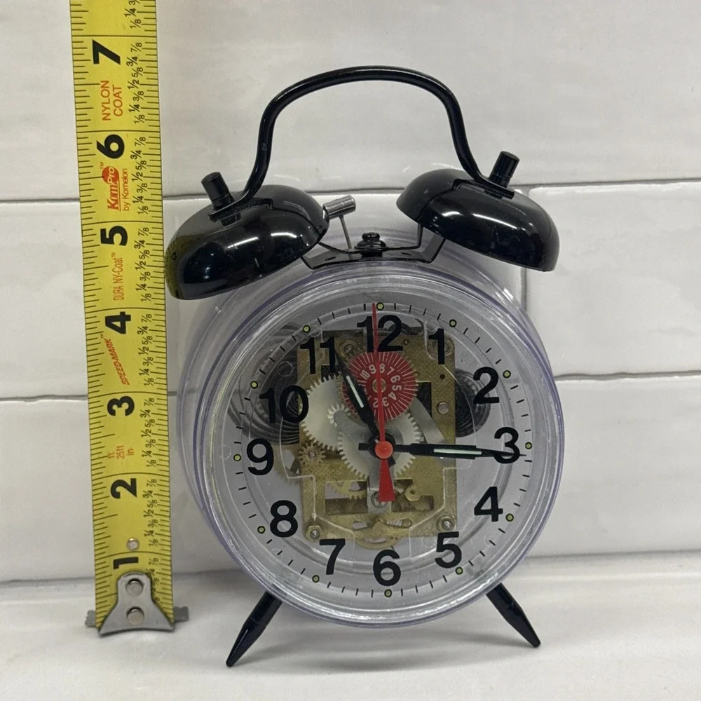 Vintage Wind Up Skeleton Alarm Clock Clear Acrylic Case Twin Bell Mechanical HTF